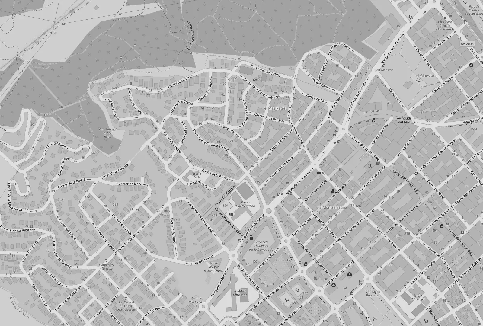 Plano de las calles alrededor del taller: Carrer de la Circumval·lació, 127, junto al Carrer dels Pètals, la Avinguda de la Roureda y la Avinguda de Miramar, en Viladecans.