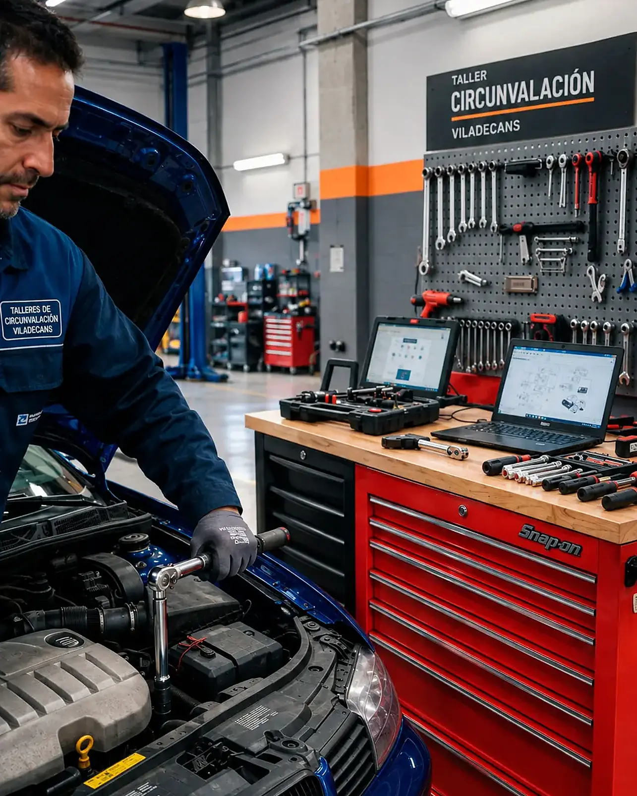 Mecánico de Taller Circunvalación apretando con llave dinamométrica sobre el motor de un vehículo, junto al panel de herramienta y los equipos de diagnosis